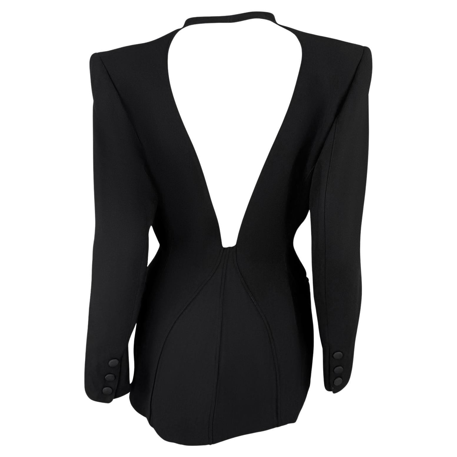 1990s Claude Montana Plunging Backless Black Cutout Blazer Jacket