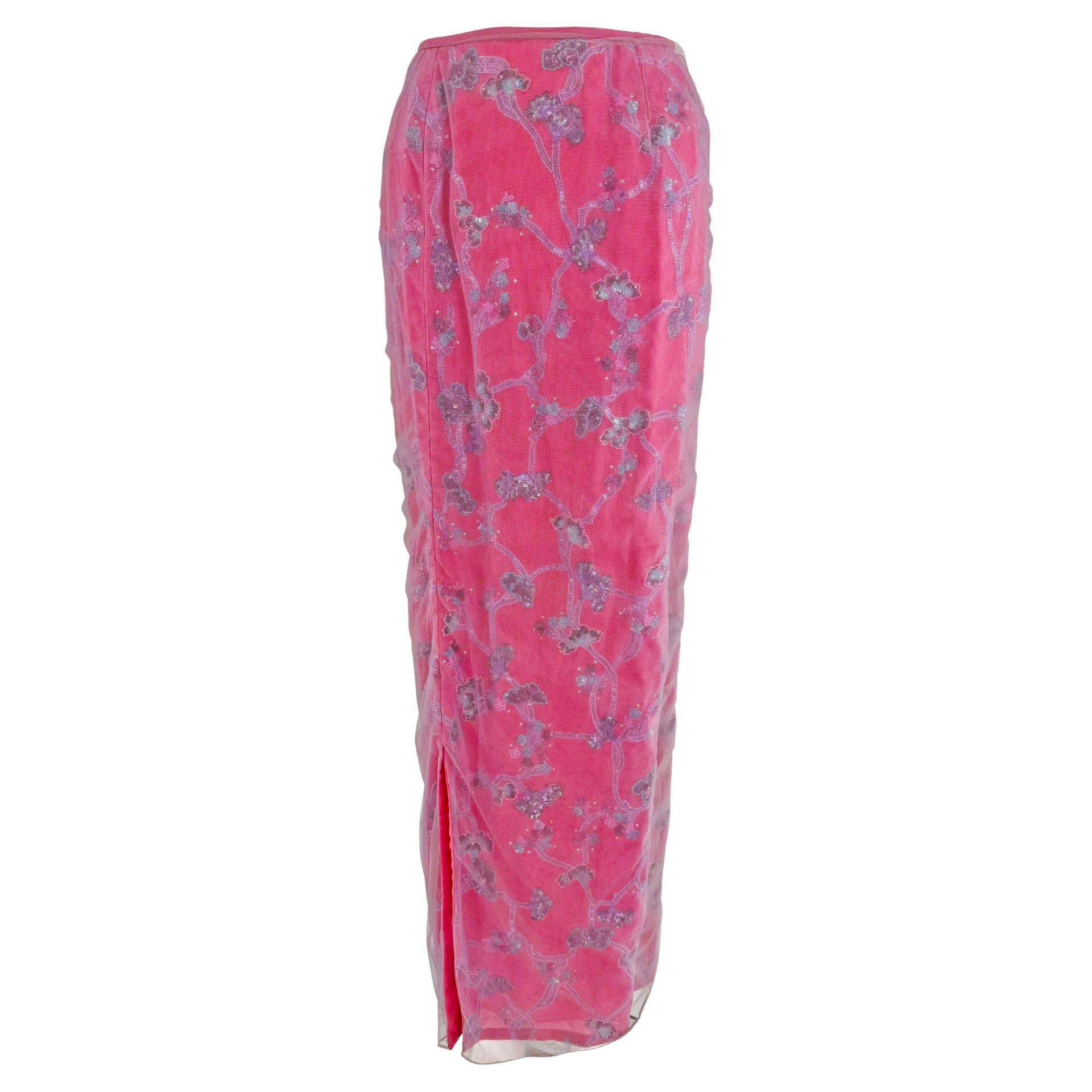 S/S 1999 Giorgio Armani Runway Pink Floral Beaded Tulle Overlay Maxi Skirt