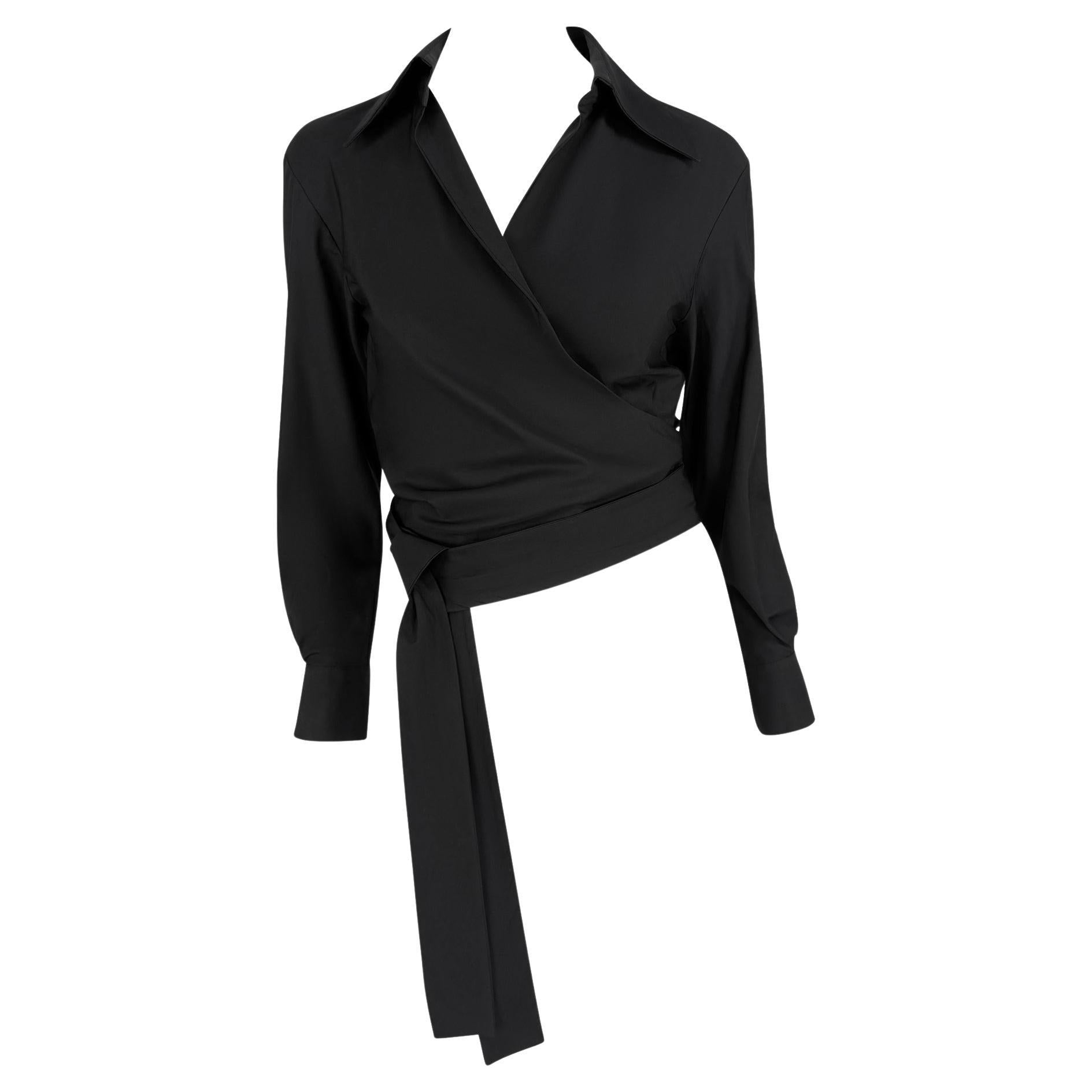 S/S 2001 Gucci by Tom Ford Black Cotton Wrap Style Plunging Collared Crop Top