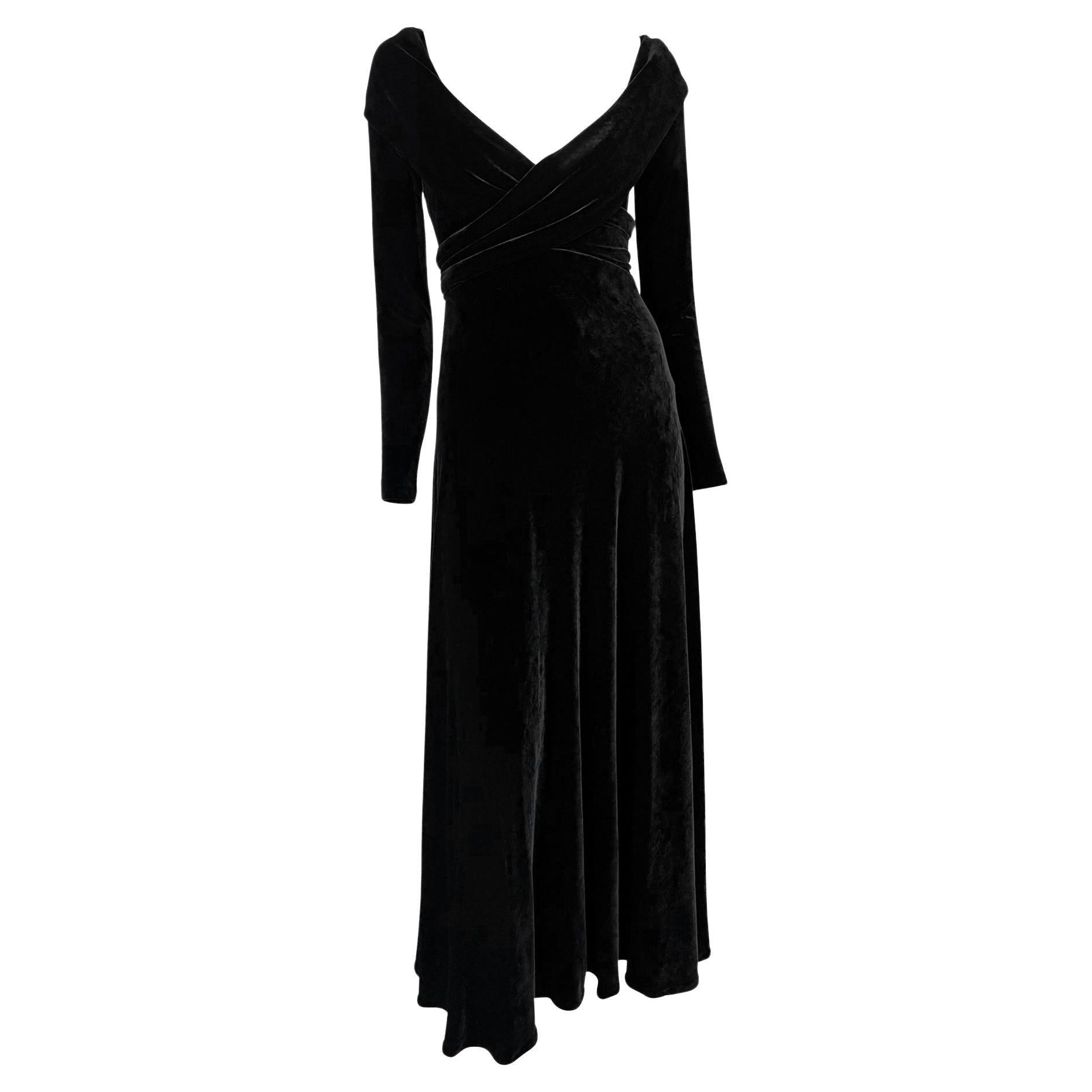 1990s Donna Karan Black Velvet Bodycon Stretch Plunging Evening Gown