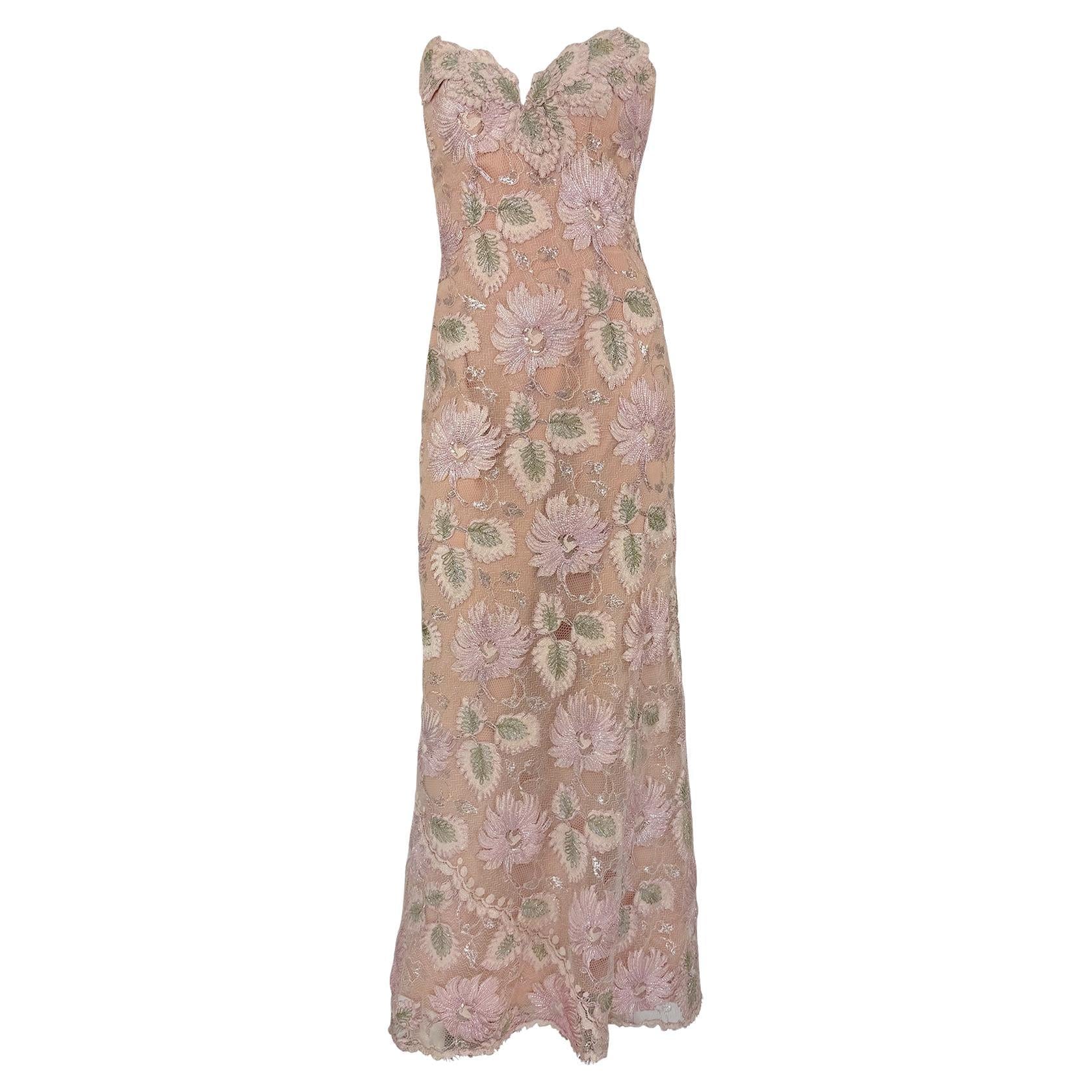 1990s Bob Mackie Peach Tone Floral Lurex Embroidery Lace Strapless Evening Gown
