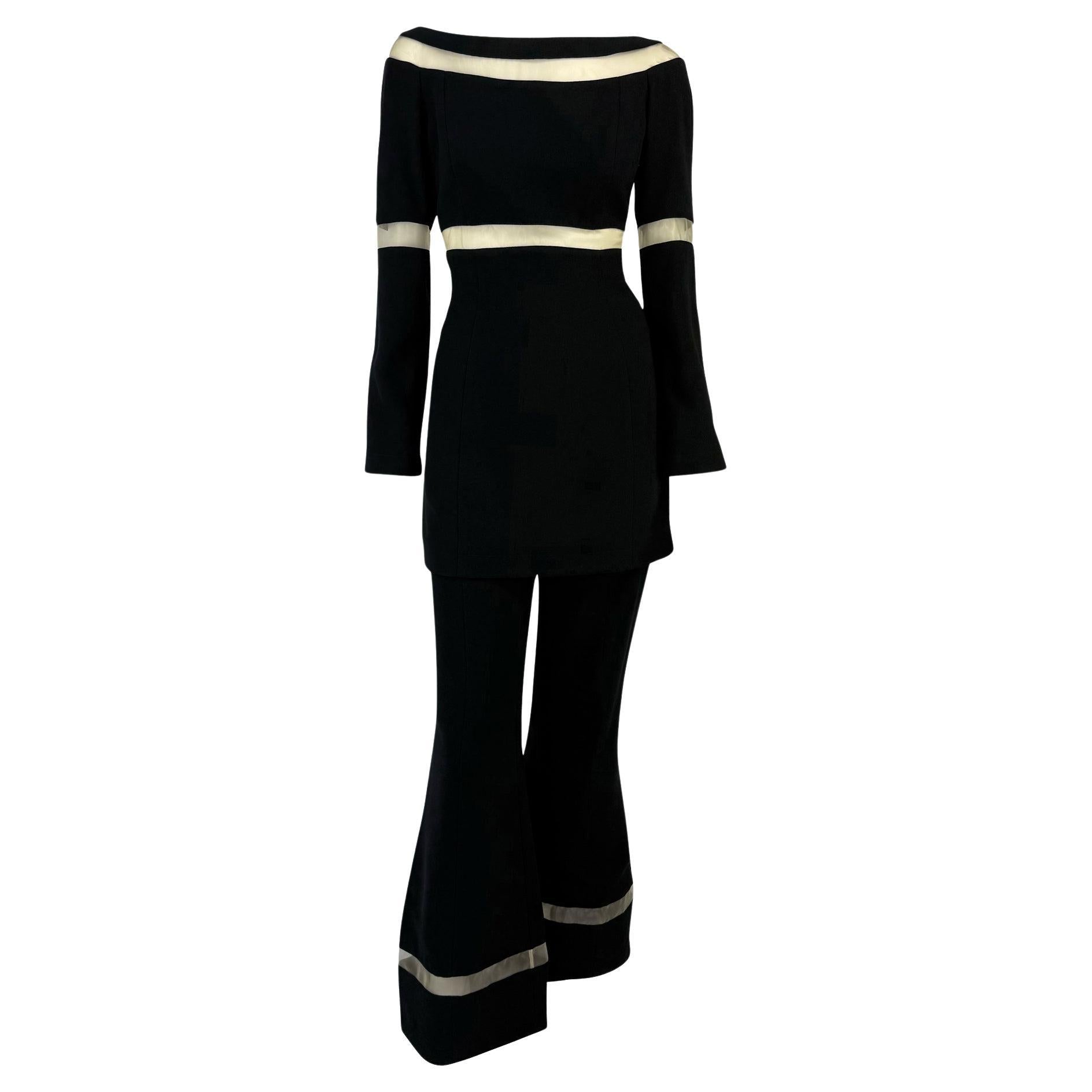 F/W 1999 Thierry Mugler Runway Beige Mesh Panel Black Pantsuit Set