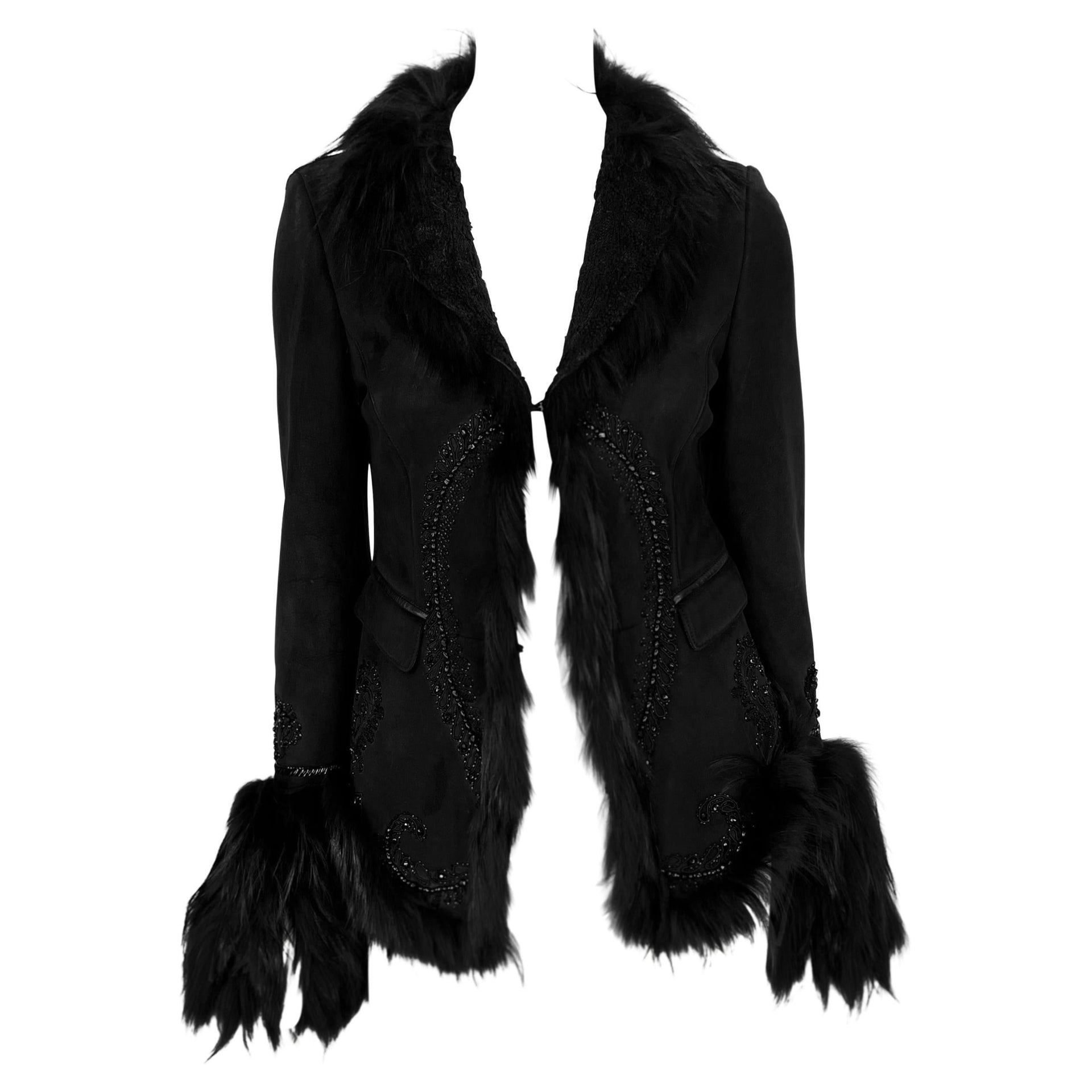 F/W 2007 Roberto Cavalli Black Fur Strip Trim Beaded Suede Shearling Jacket
