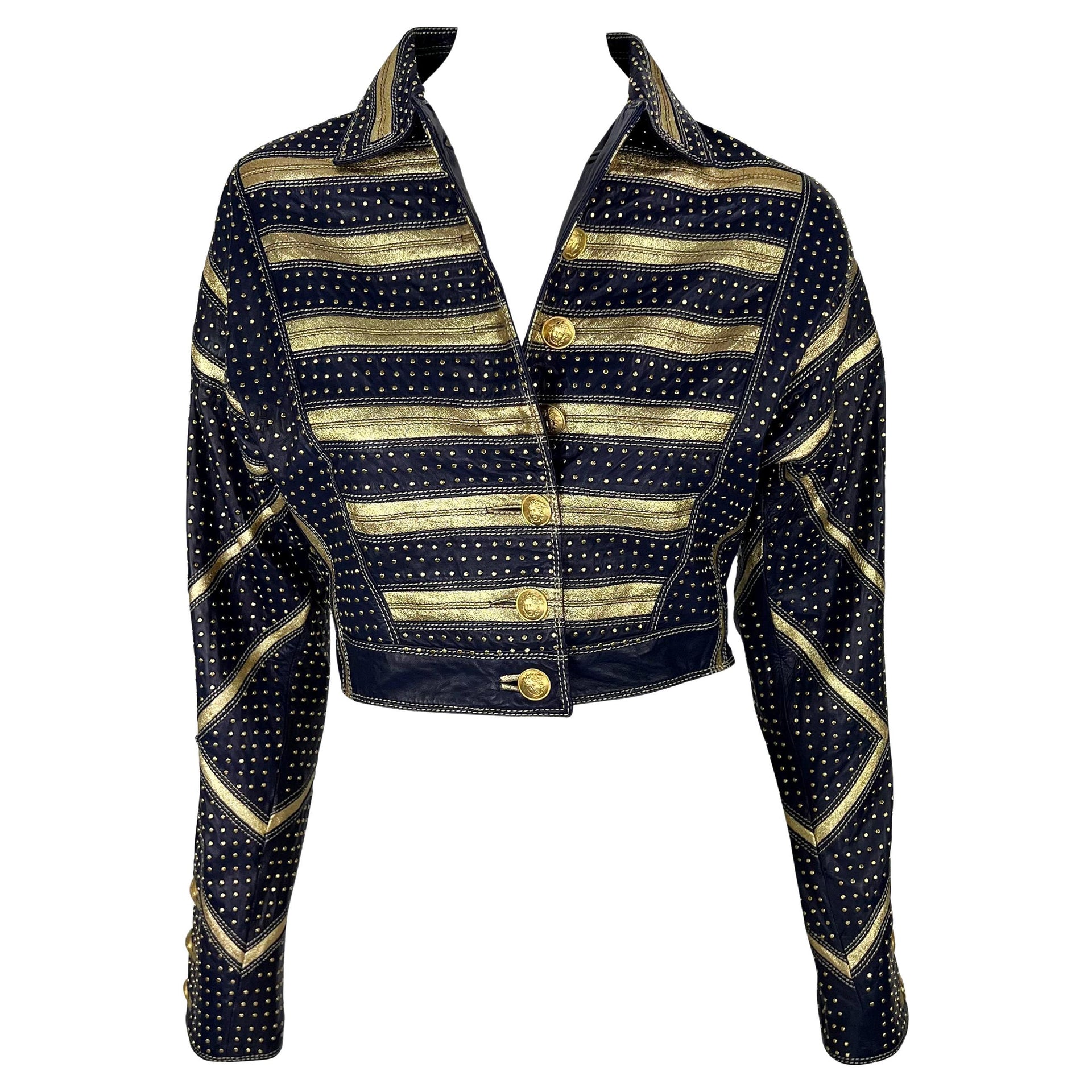 S/S 1992 Gianni Versace Runway Studded Gold Metallic Leather Cropped Jacket
