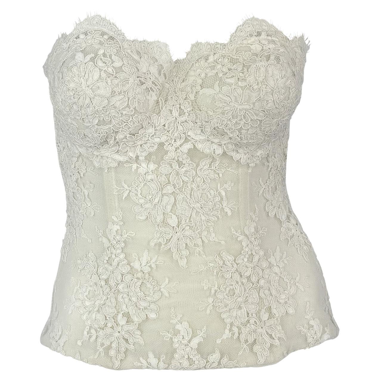 Early 1990s Donna Karan Corset Boned Sheer White Lace Strapless Bustier Top
