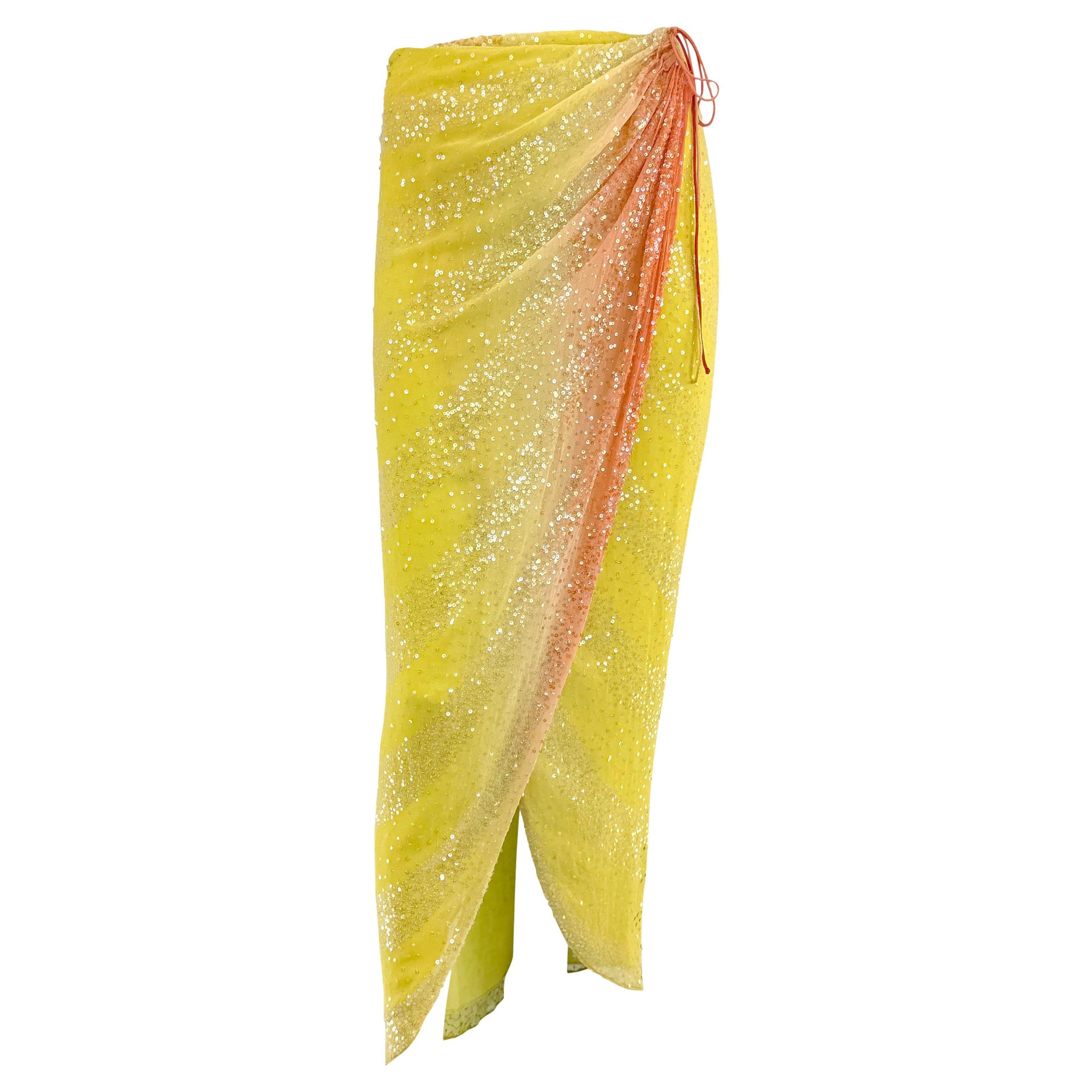 S/S 2000 Randolph Duke Yellow Silk Sequin Orange Ombré Wrap Maxi Skirt