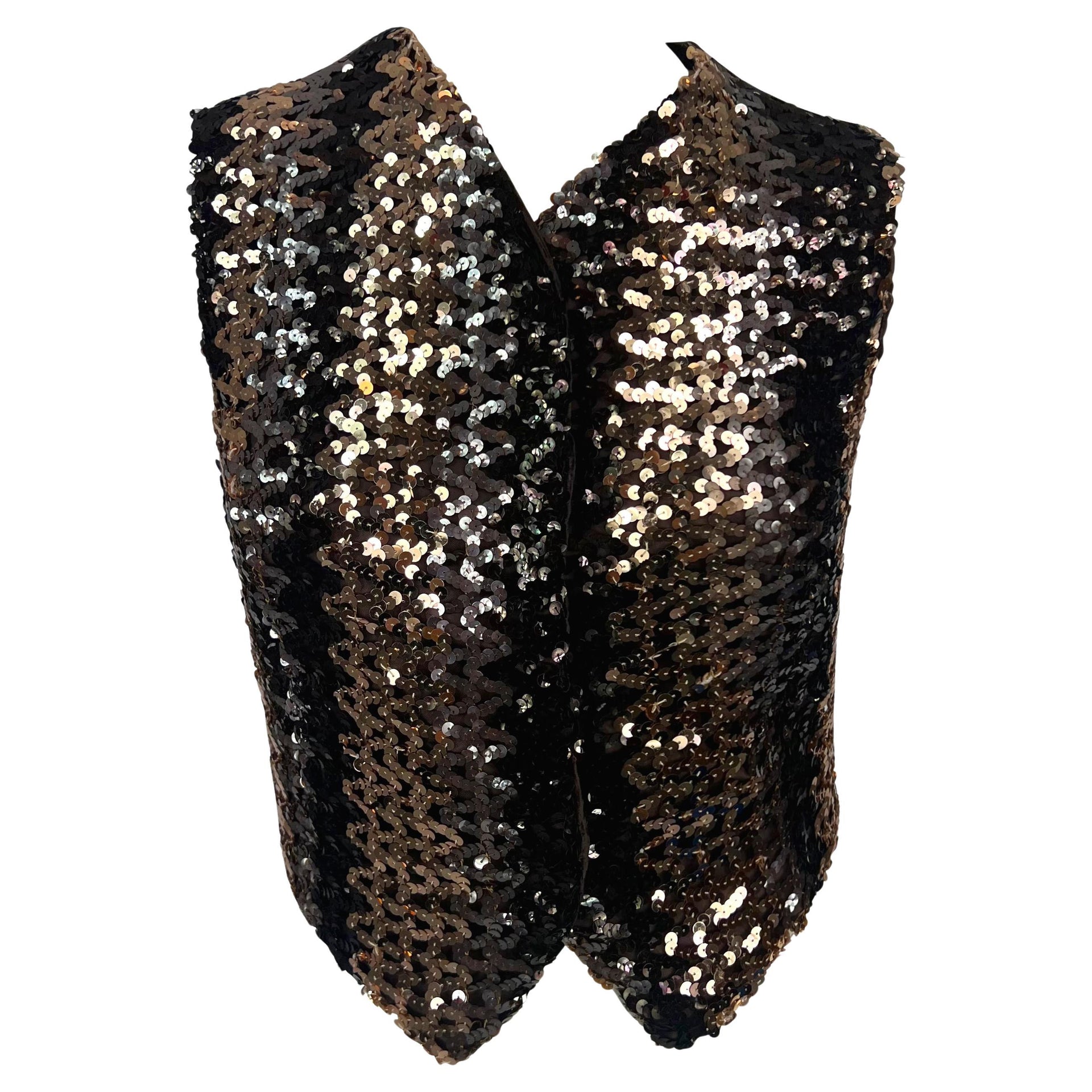 F/W 1994 Dolce & Gabbana Brown Sequin Crushed Velvet Vest Sleeveless Top