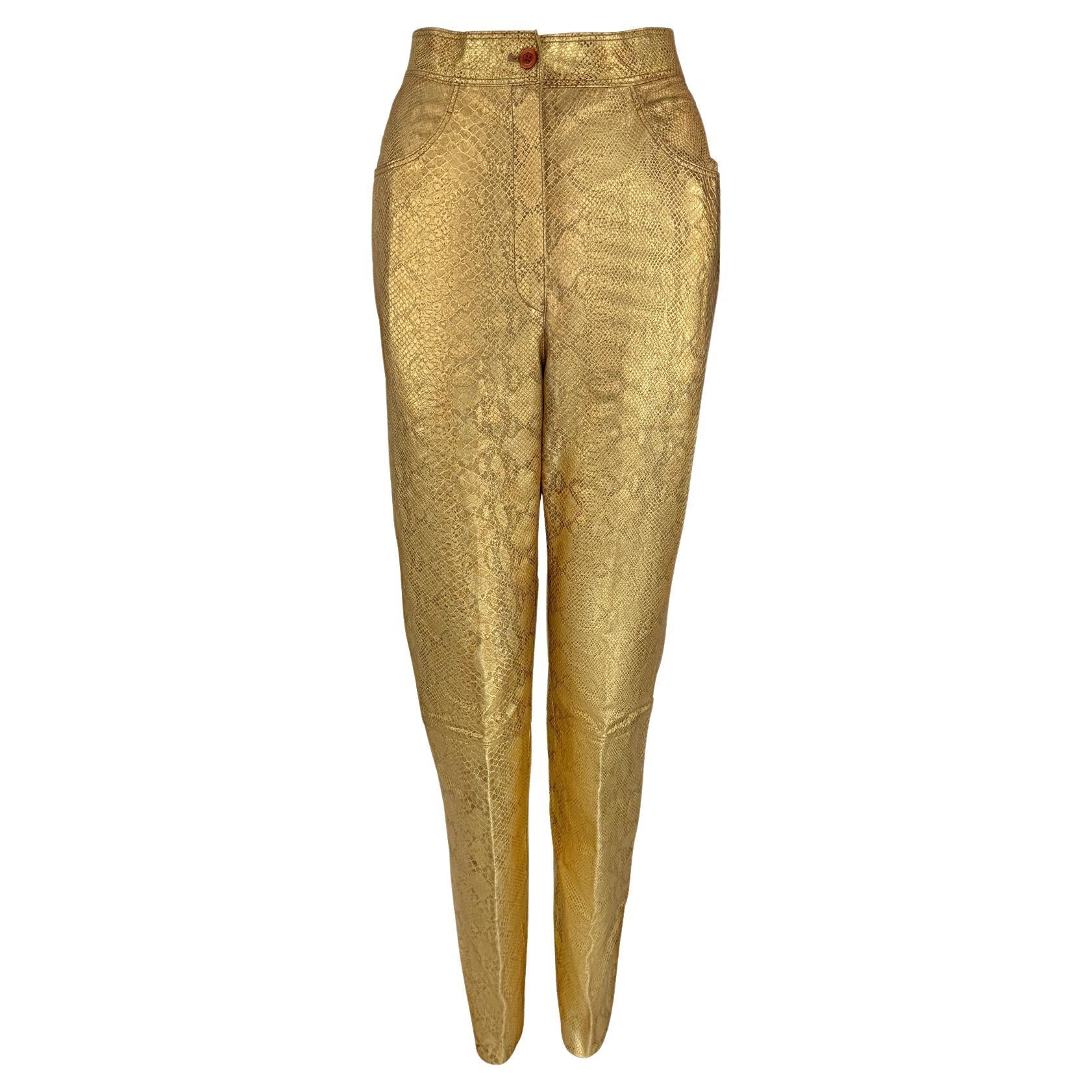 1990s Emanuel Ungaro Gold Metallic Snake Print Embossed Leather Pants