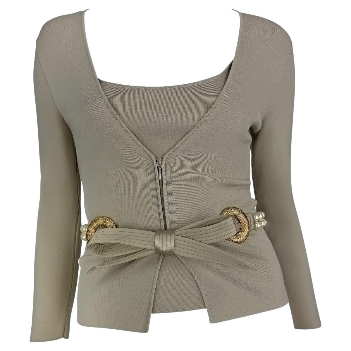 S/S 2005 Valentino Garavani Faux Pearl Sage Green Taupe Cardigan Tank Knit Set