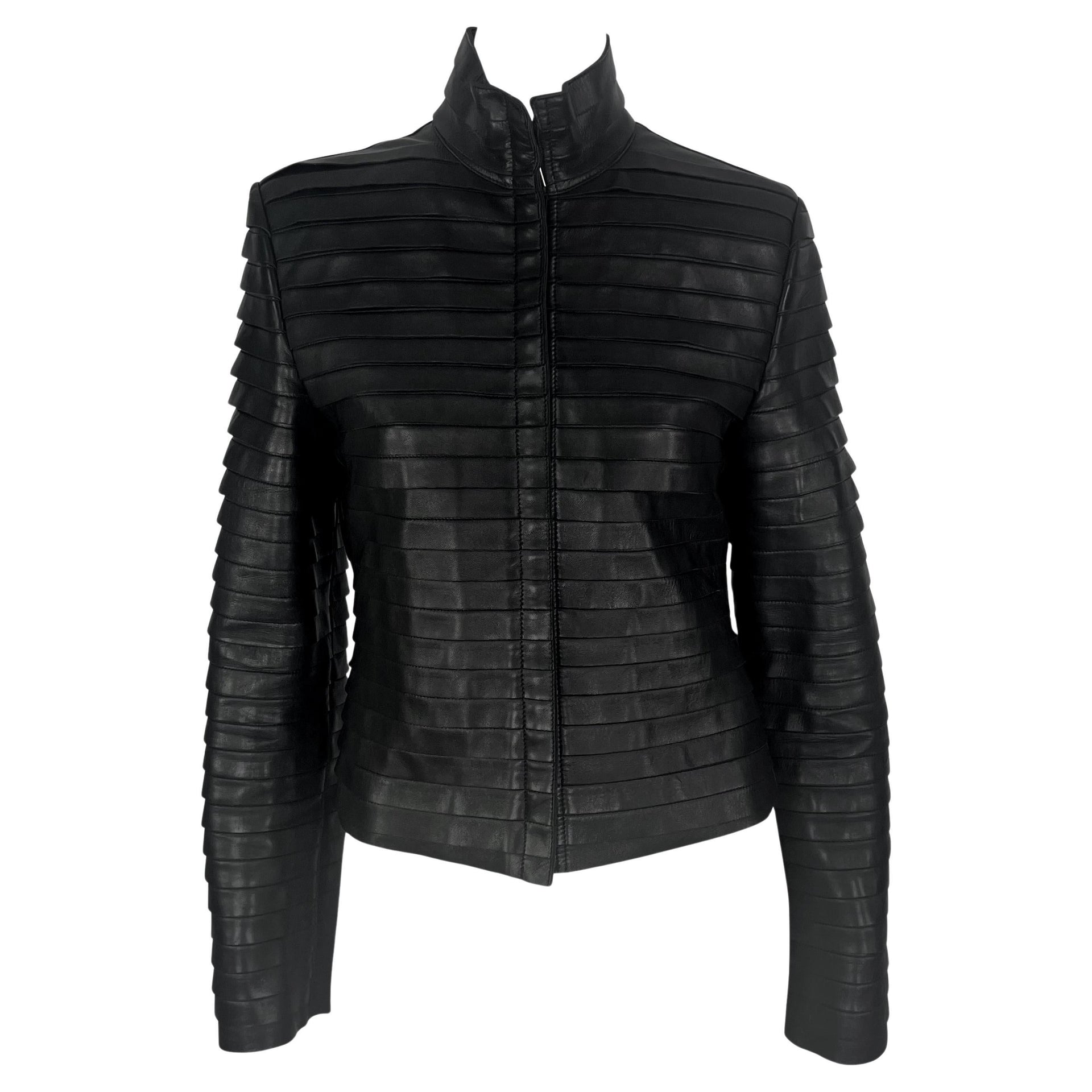 F/W 2000 Giorgio Armani Runway Ad Black Leather Layered Strip Panel Moto Jacket