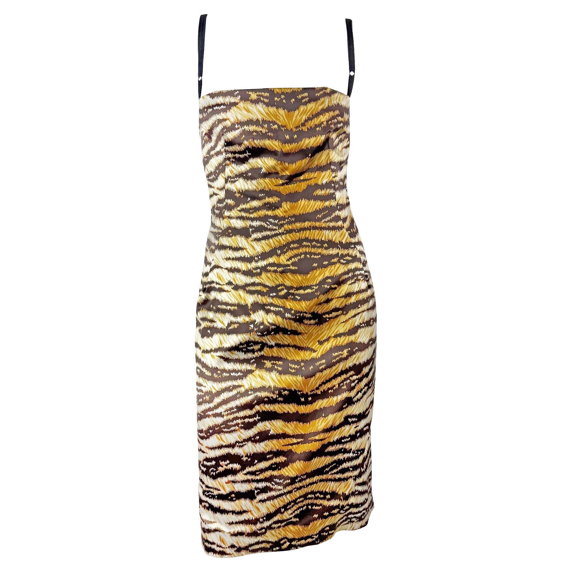 2000s Dolce & Gabbana Tiger Print Satin Bodycon Bra Strap Midi Dress