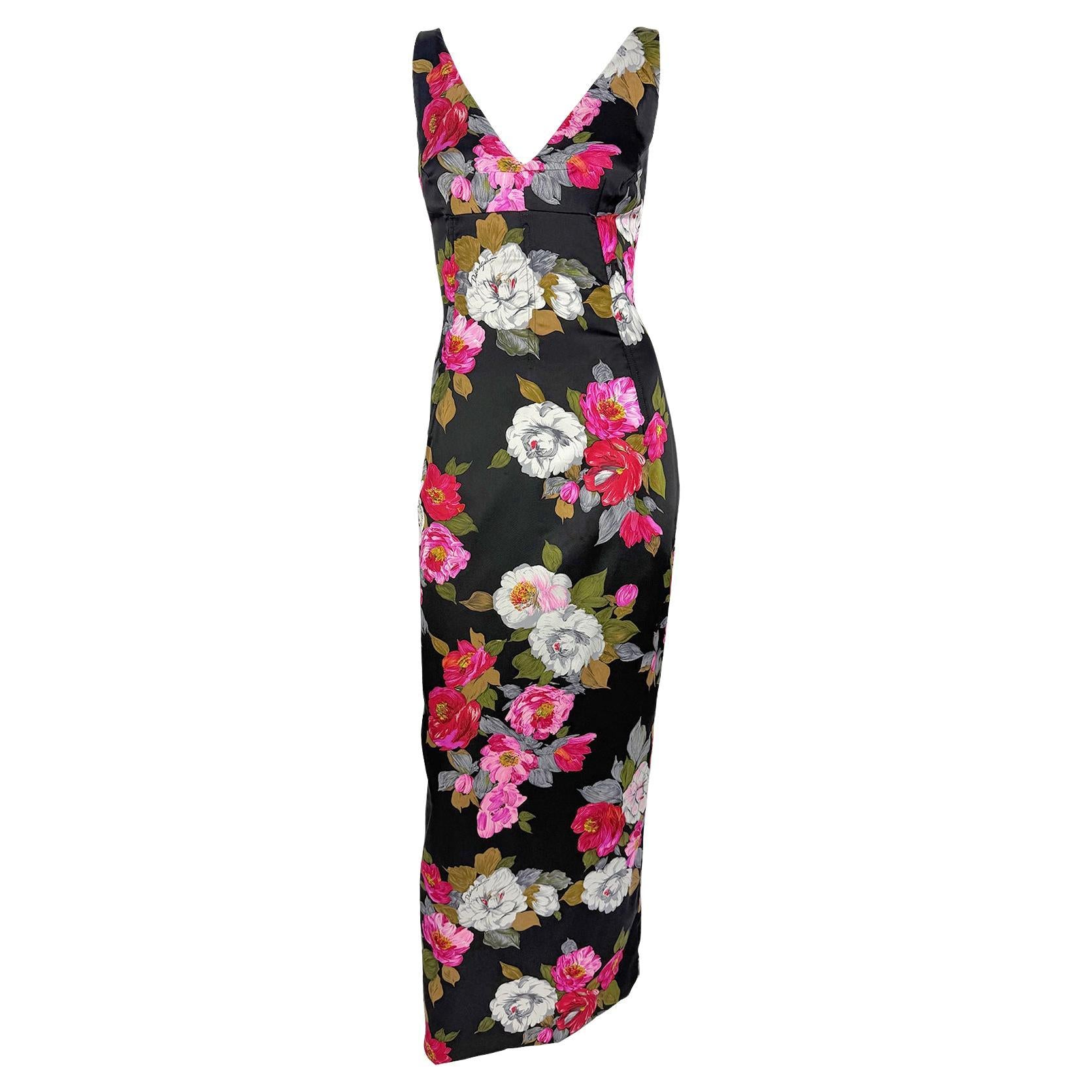 F/W 2000 Dolce & Gabbana Black Satin Corset Boned Floral Print Evening Gown