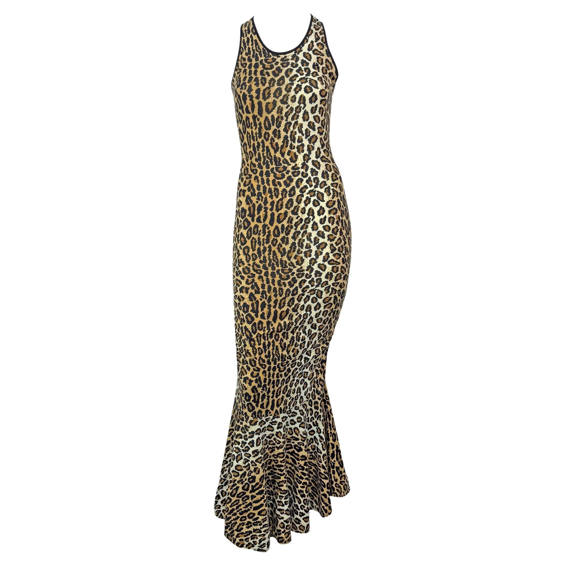 1980s Patrick Kelly Leopard Print Jersey Sleeveless Stretch Flare Gown
