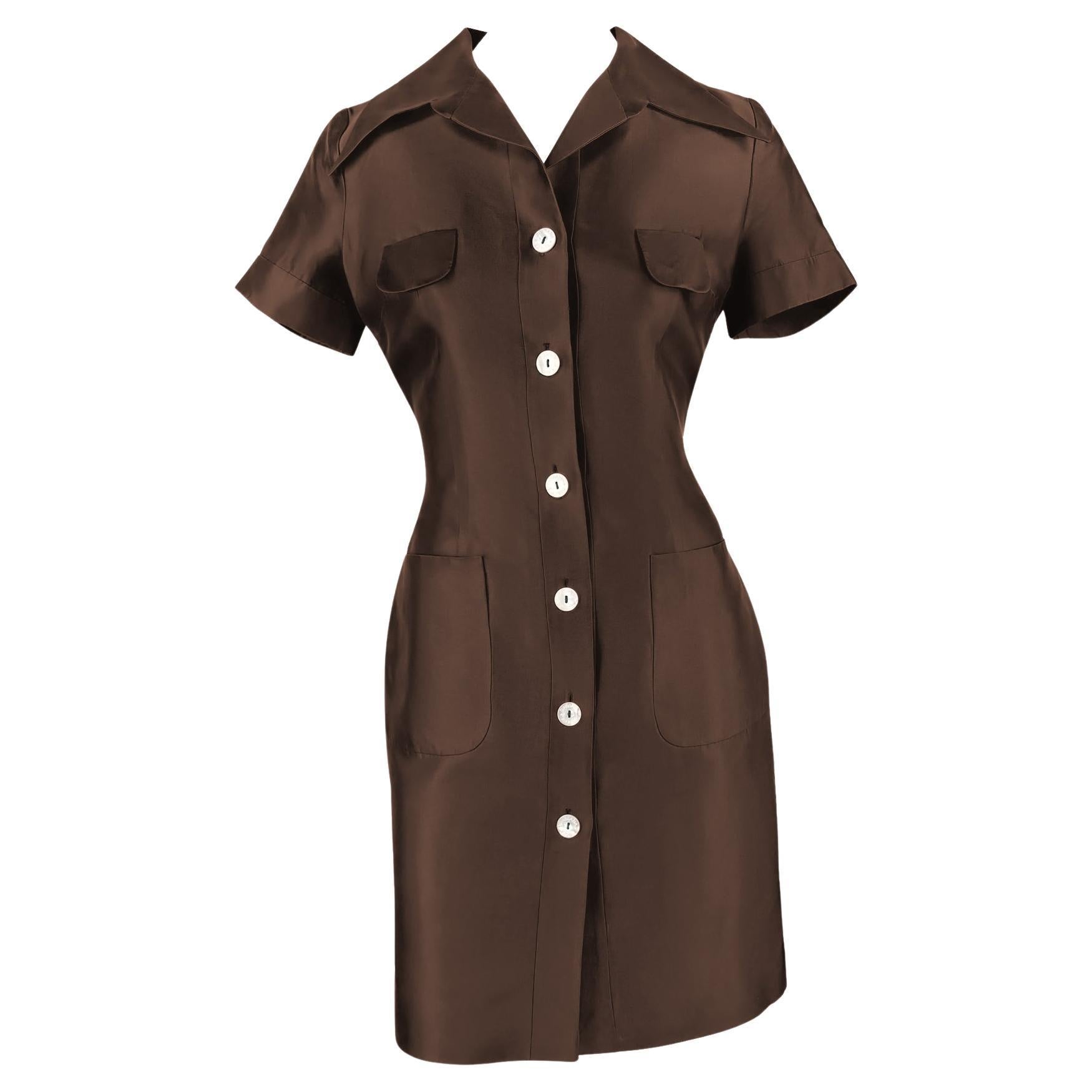 S/S 1996 Dolce & Gabbana Brown Silk Taffeta Collared Pocket Mini Dress