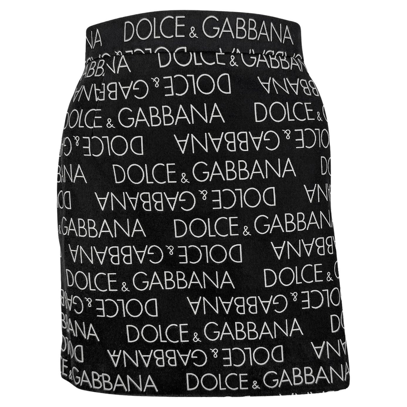 S/S 1995 Dolce & Gabbana Logo Pattern Black Cotton High Slit Mini Skirt