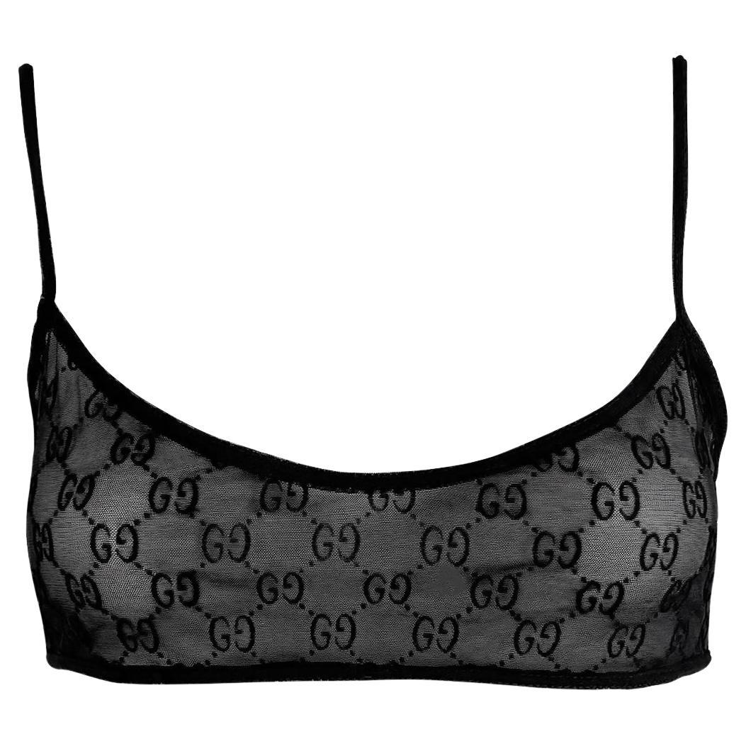 S/S 1998 Gucci by Tom Ford Runway Sheer Black Mesh Velvet GG Crop Top Bralette