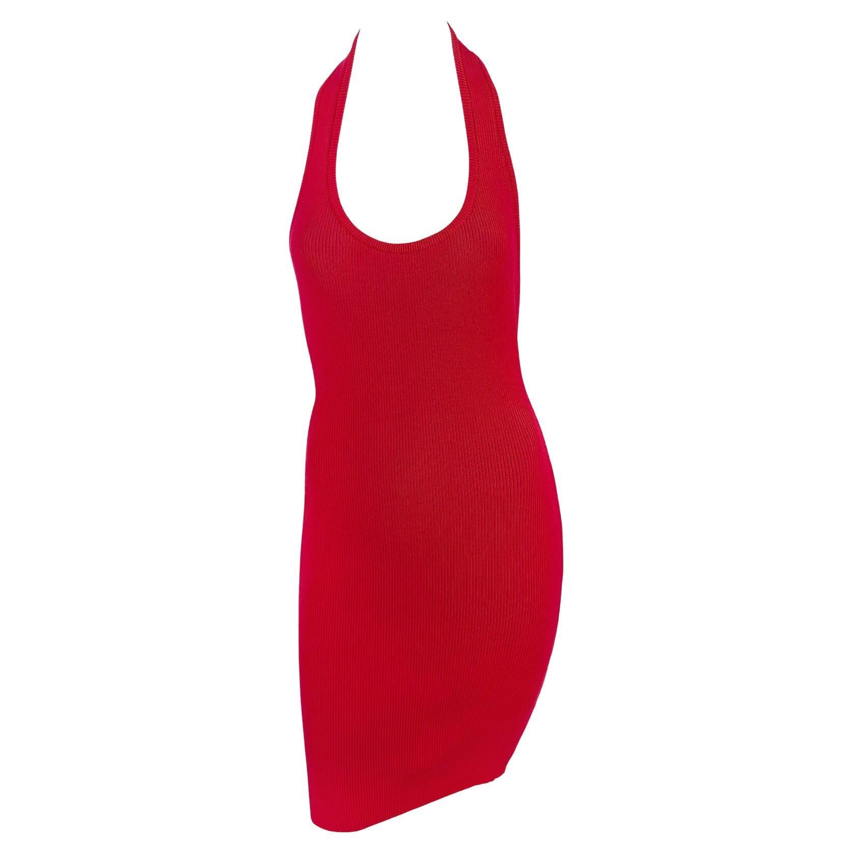 Early 1990s Michael Kors Red Stretch Cotton Ribbed Halter Dress