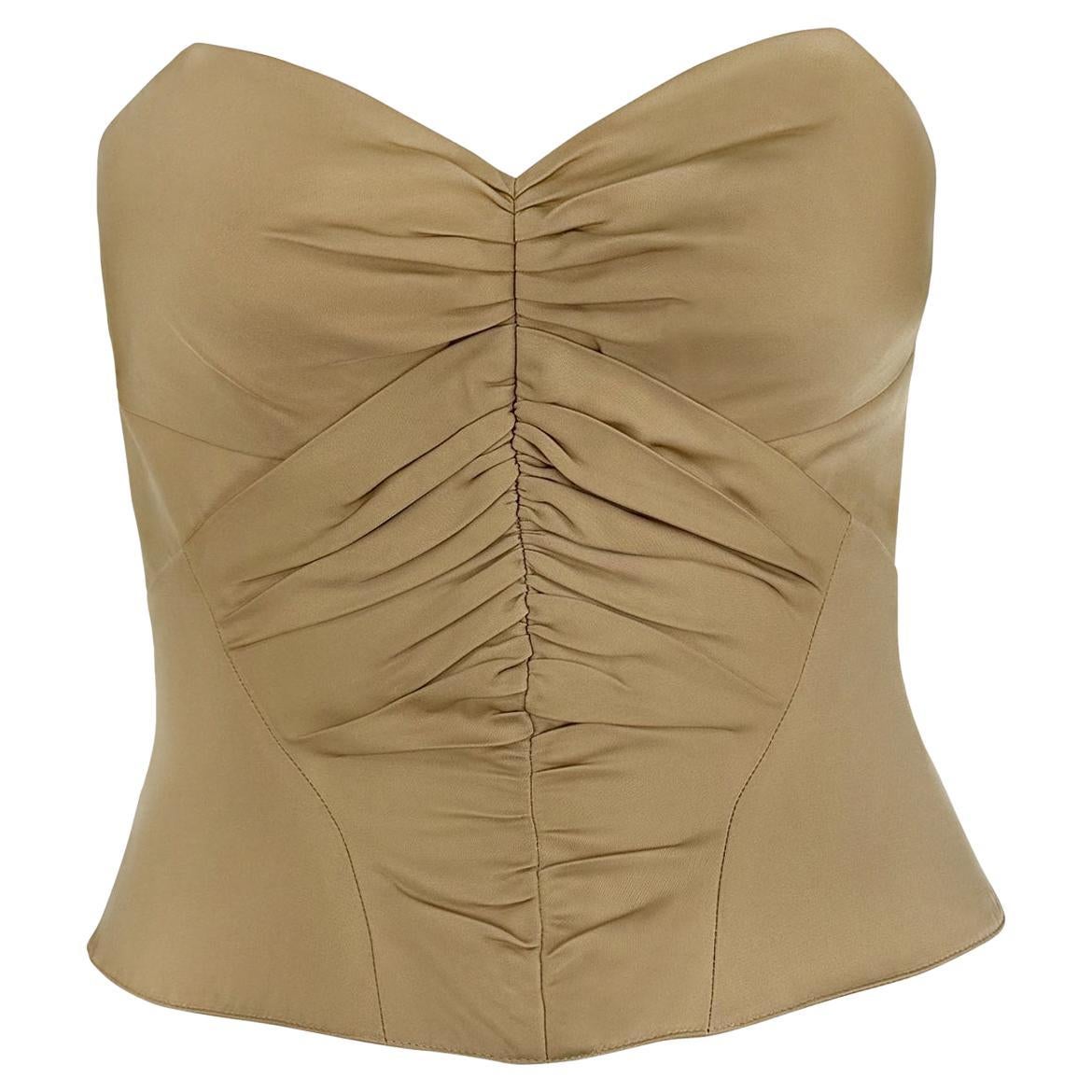 2000s Thierry Mugler Khaki Ruched Strapless Corset Boned Bustier Top