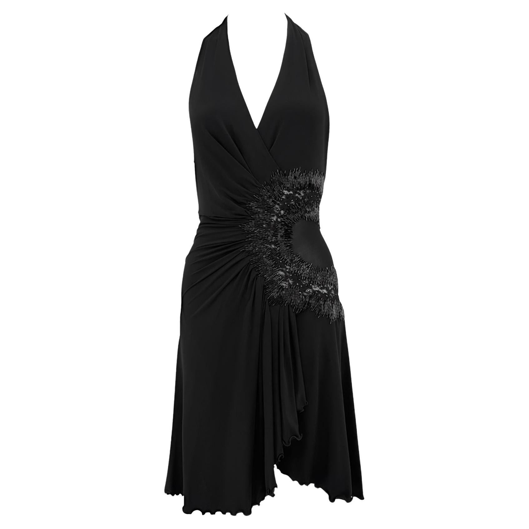 2006 Roberto Cavalli Semi Sheer Black Rhinestone Beaded Flare Halter Mini Dress