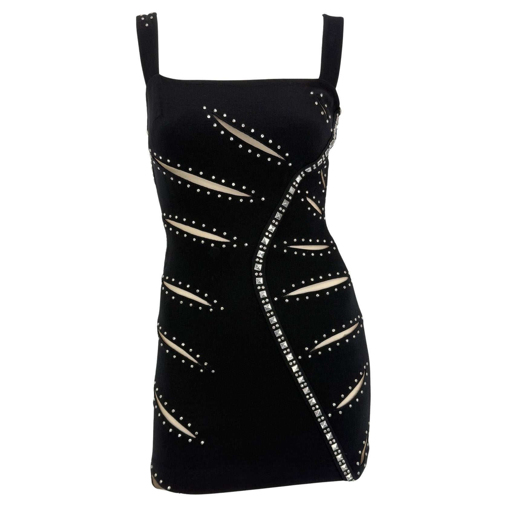 F/W 2004 Versace by Donatella Runway Studded Cutout Black Bodycon Mini Dress
