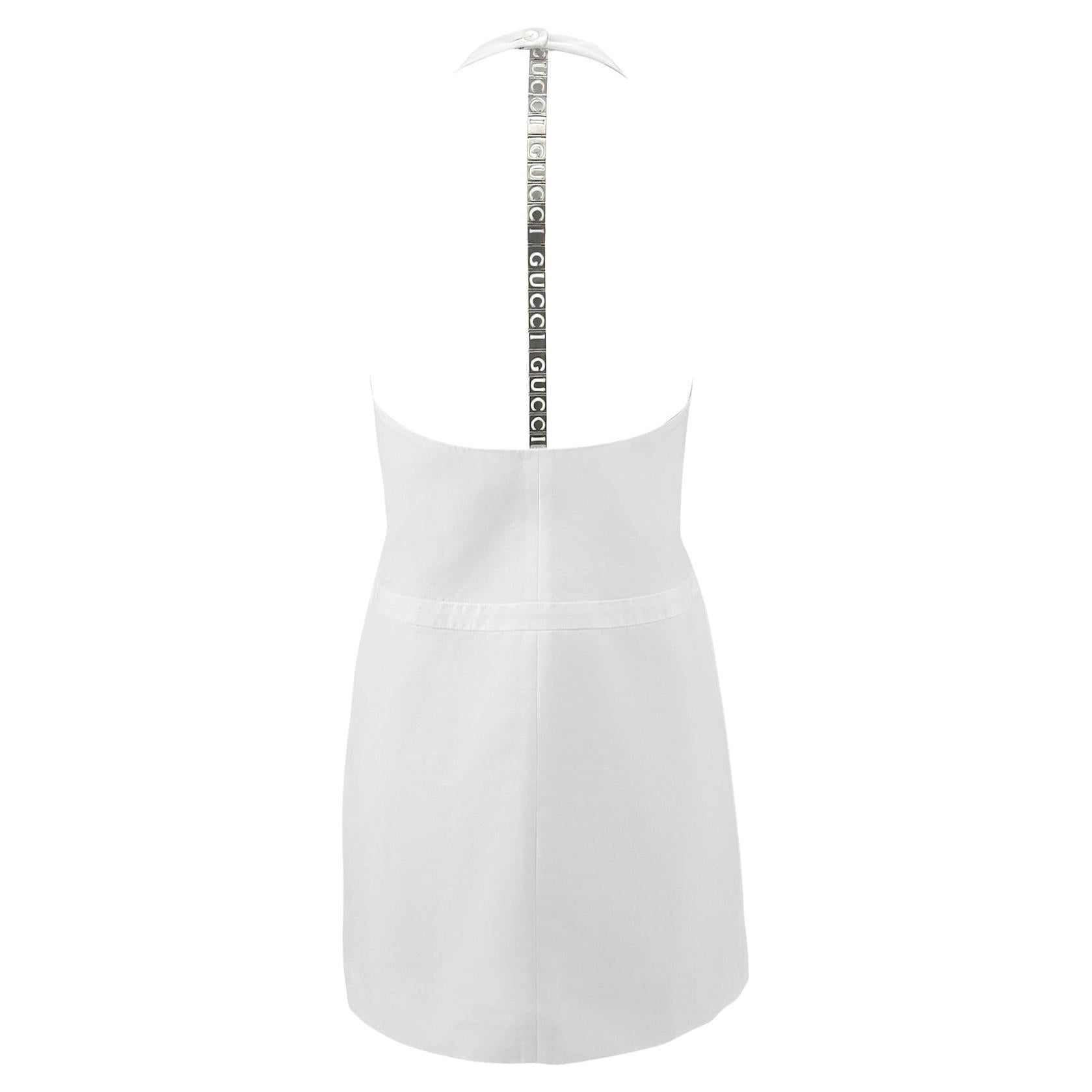 S/S 1996 Gucci by Tom Ford White Metal Logo Spine Backless Halter Dress