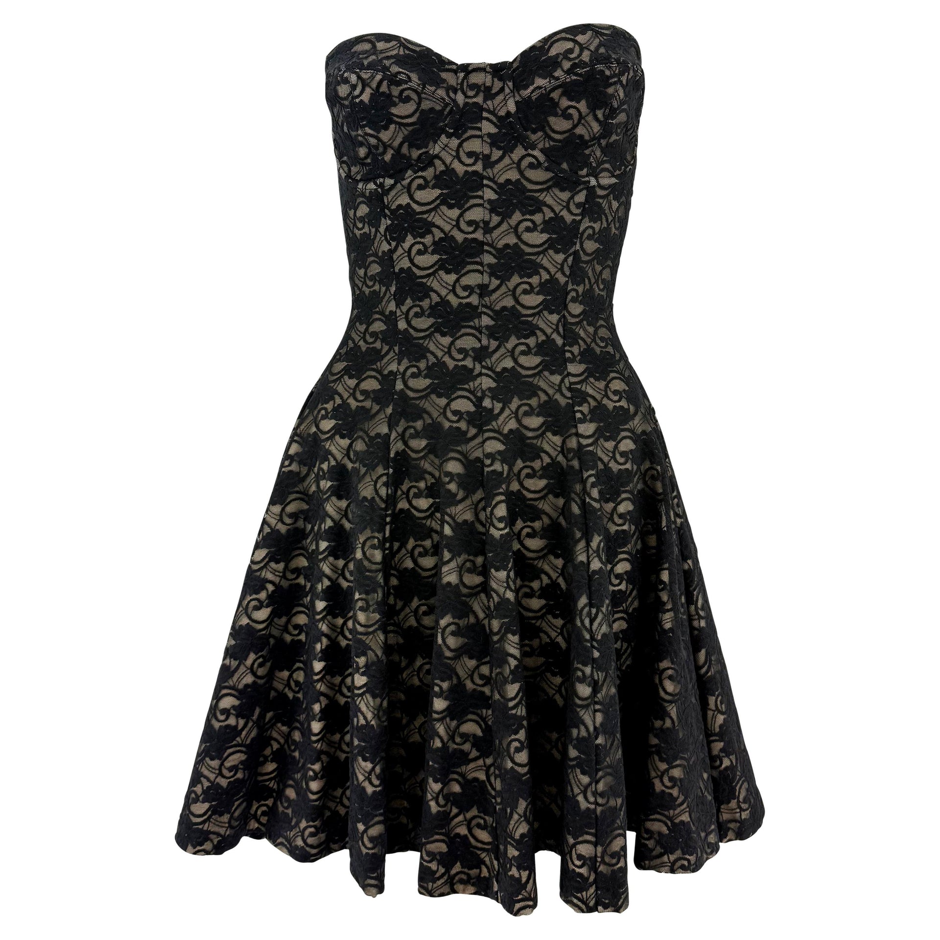 Early 1990s Norma Kamali Strapless Black Lace Overlay Flared Bodycon Mini Dress
