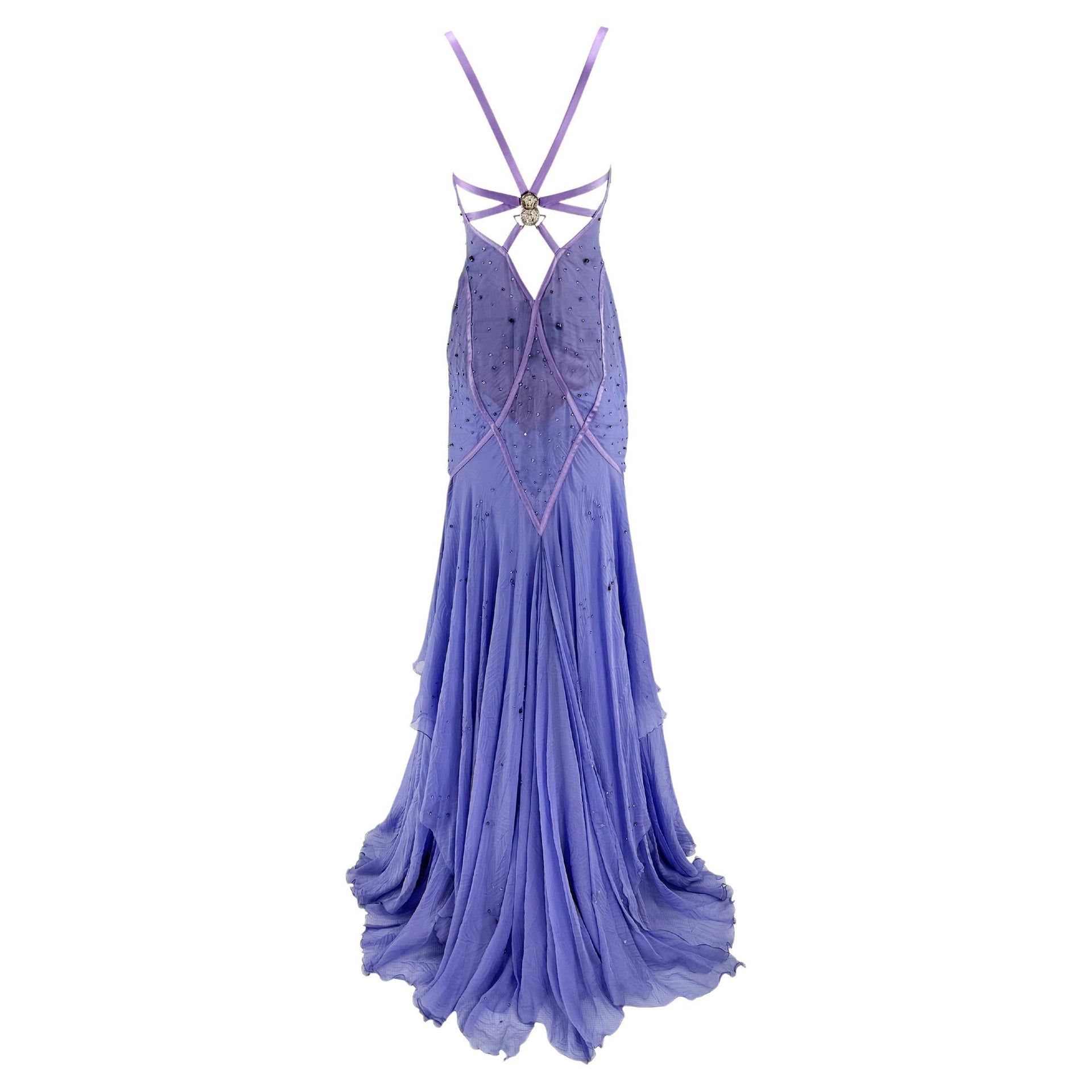 NWT 2005 Versace by Donatella Rhinestone Medusa Backless Lavender Chiffon Gown