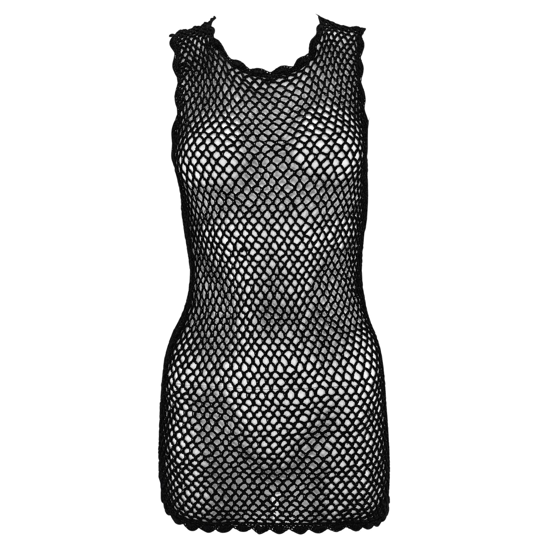 Late 1990s Dolce & Gabbana Black Crochet Knit Sheer Mini Dress