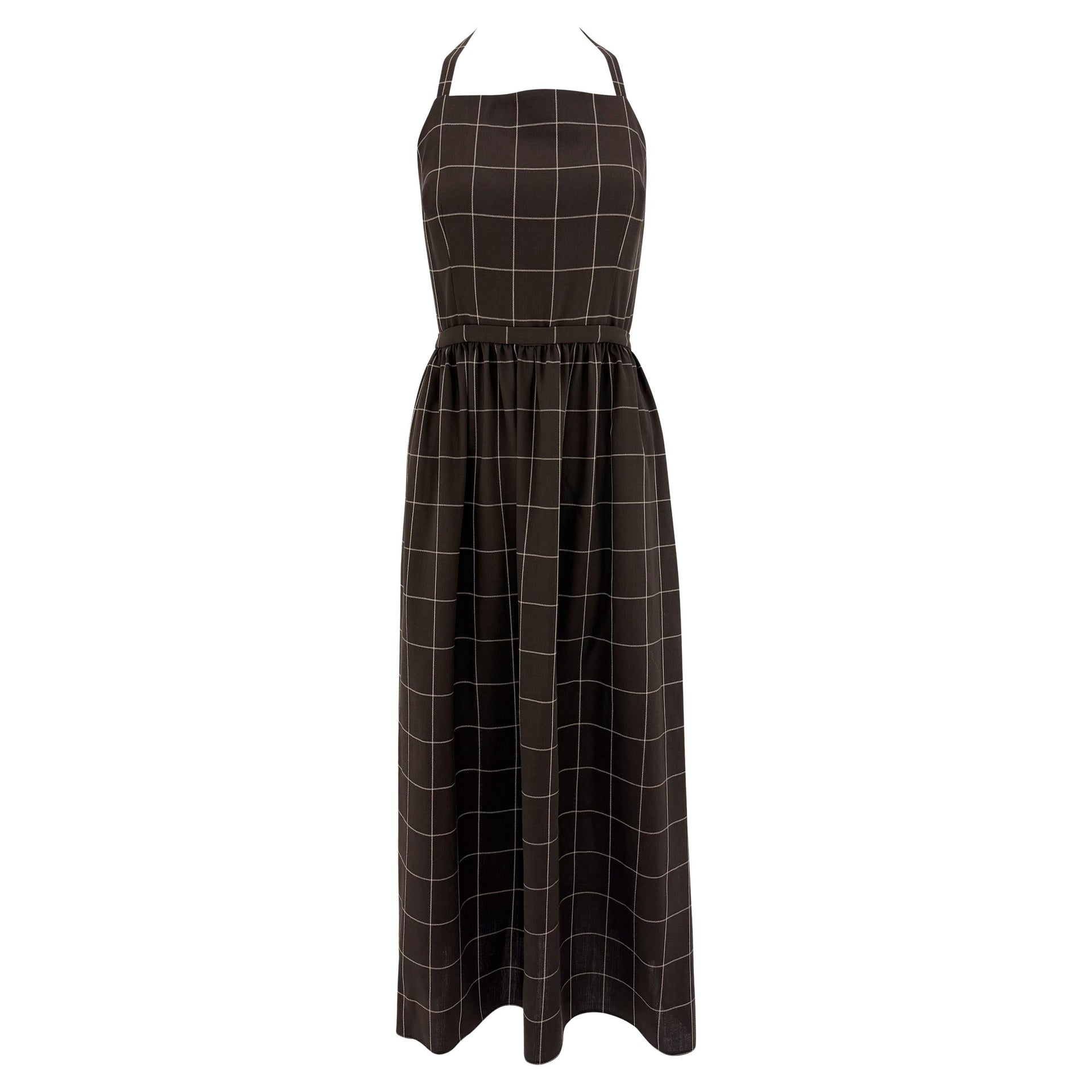 1990s Ralph Lauren Brown Wool Window Pane Backless Wrap Apron-Style Maxi Dress