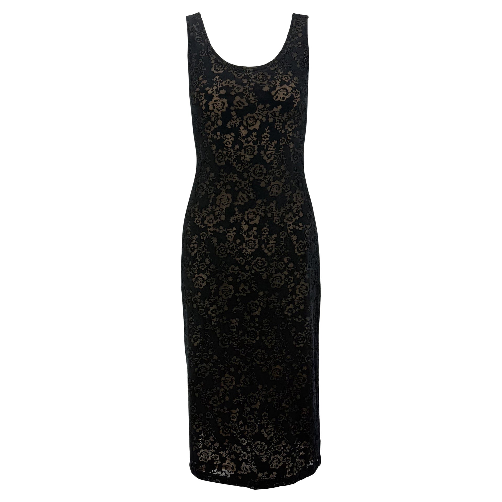 Resort 1990 Donna Karan Prototype Sheer Black Floral Devoré Bodycon Dress