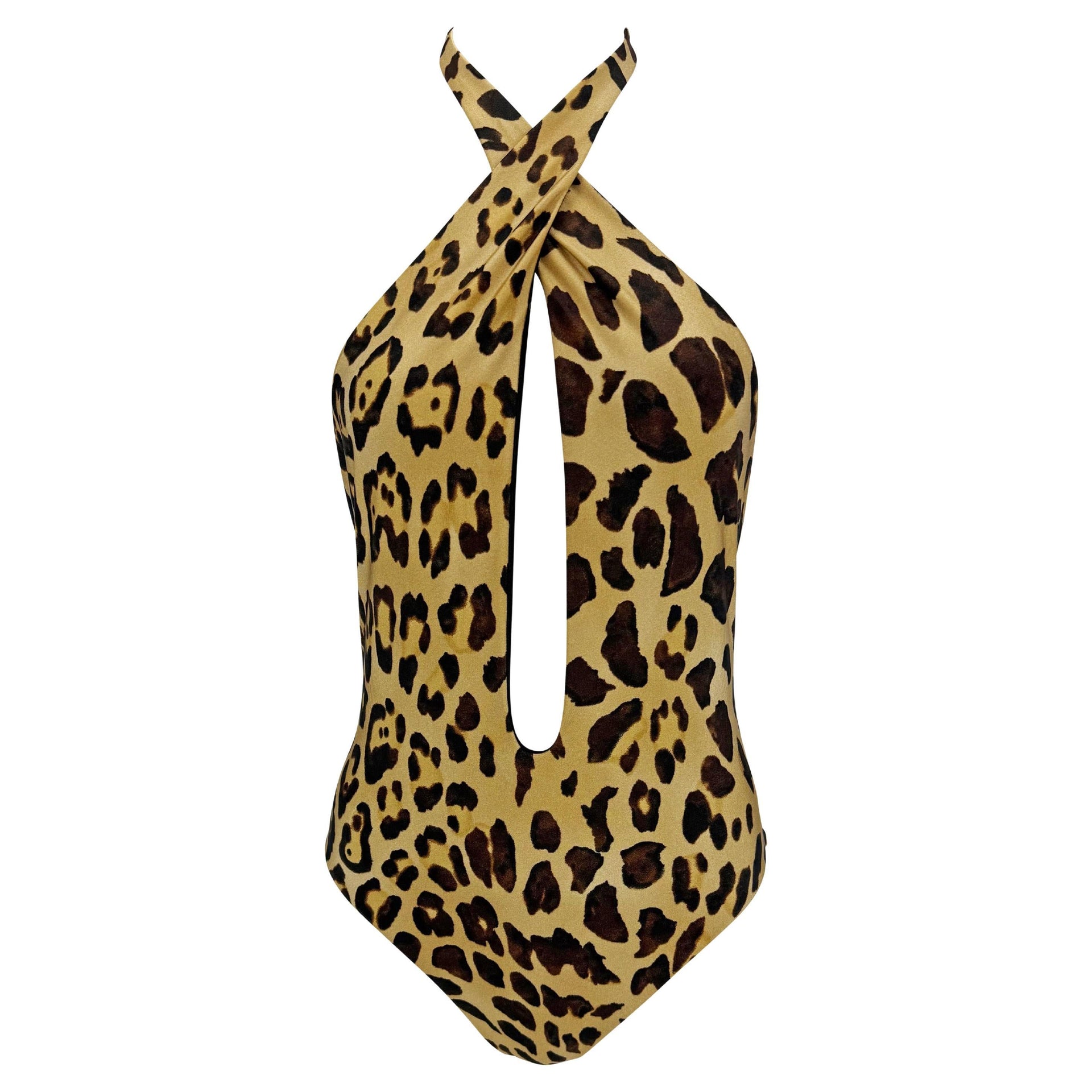 2000s Ralph Lauren Leopard Print Plunging Halter Tie One-Piece Swim Suit