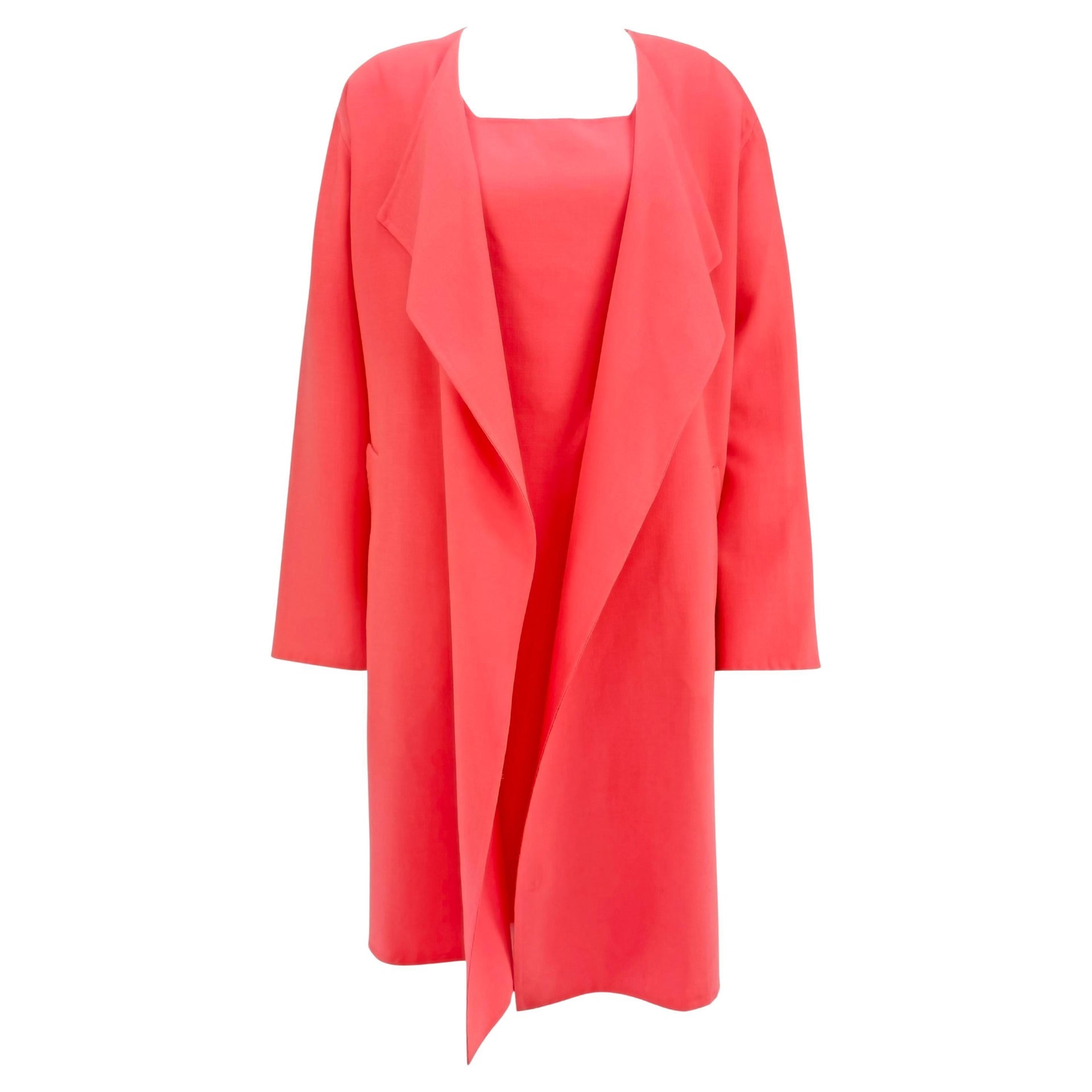 S/S 1996 Donna Karan Runway Bright Pink Stretch Wool Overcoat Dress Set