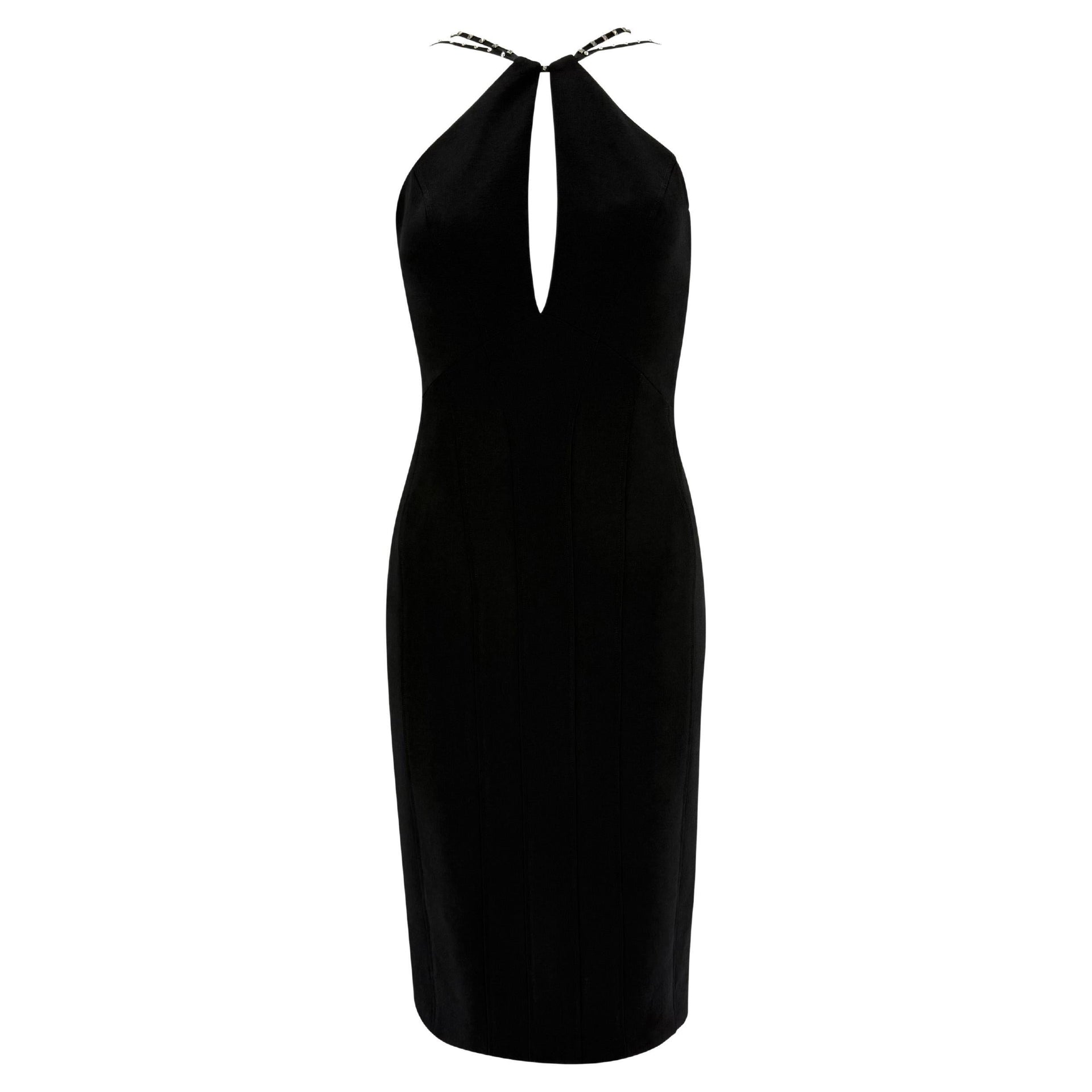 NWT F/W 2004 Versace by Donatella Runway Studded Black Wool Pencil Dress