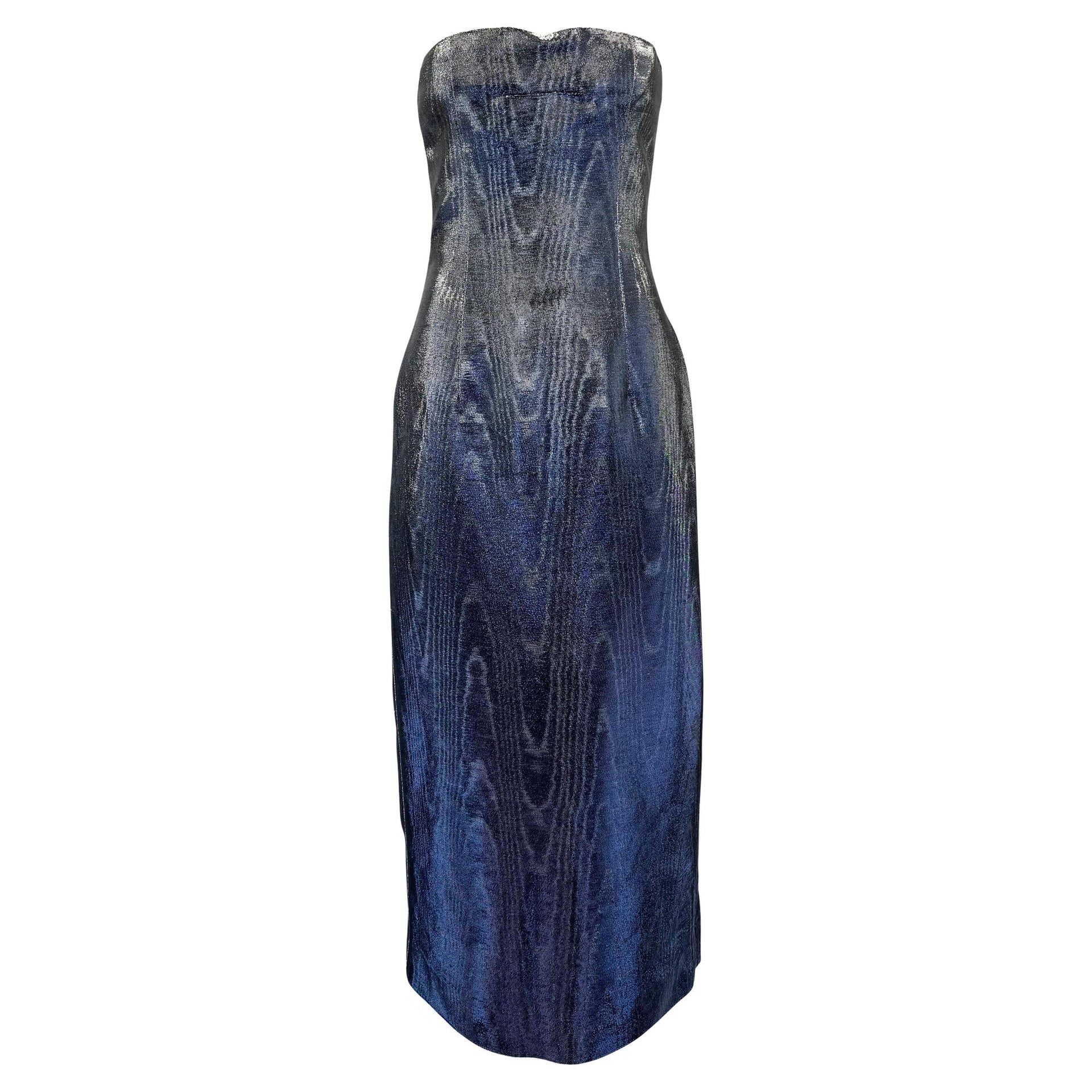F/W 2001 Chloé by Stella McCartney Blue Silver Metallic Moiré Strapless Dress