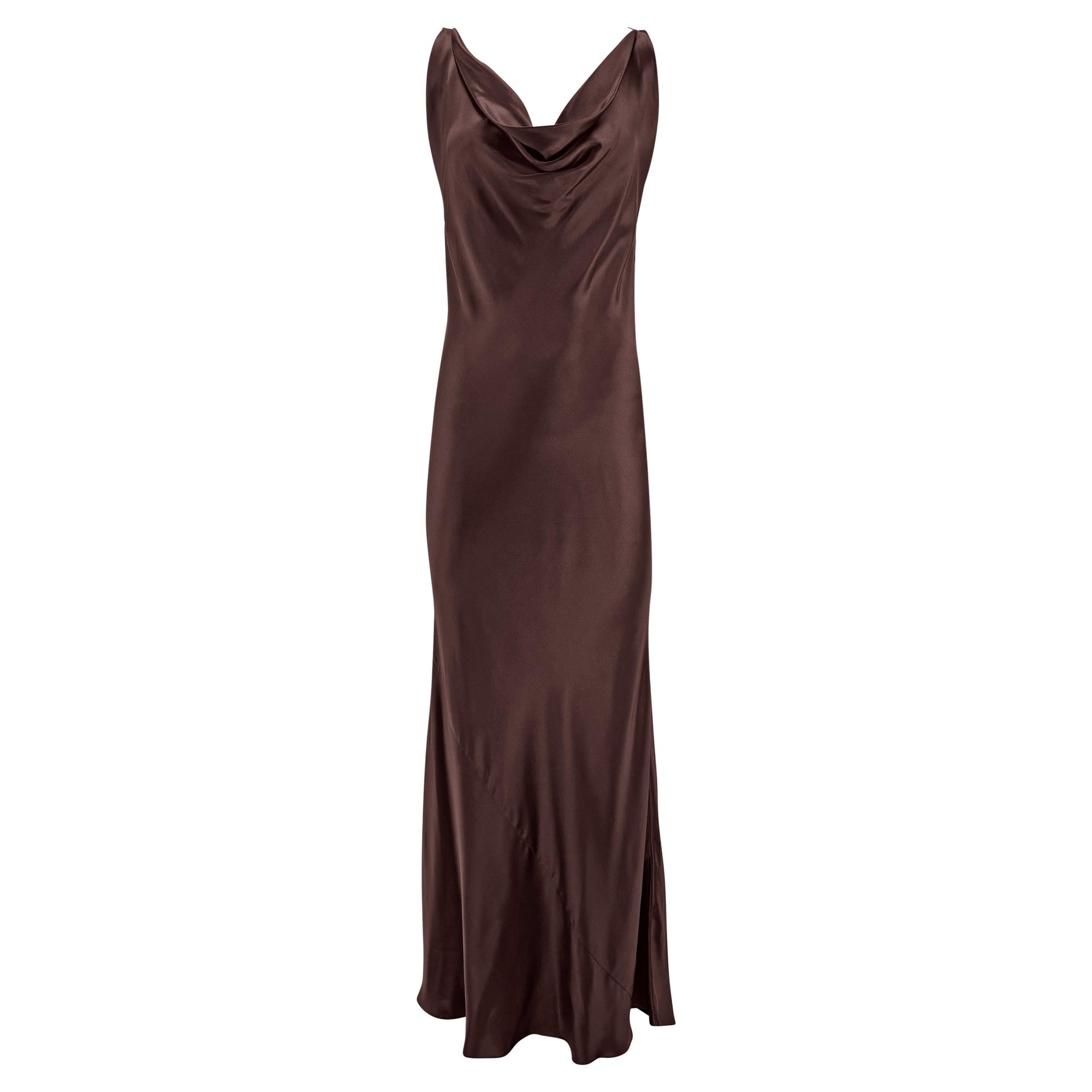 F/W 2002 Dolce & Gabbana Brown Bias Cut Silk Satin Cowl Neck Gown