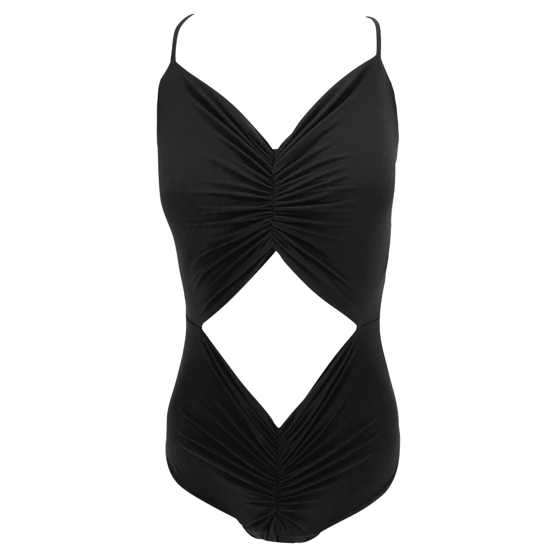 Early 1990s Norma Kamali Black Viscose Ruched Cutout Bodysuit Swimsuit