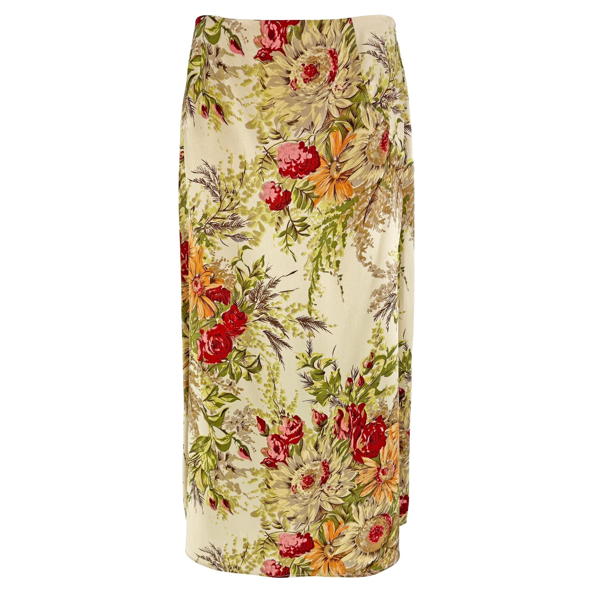 S/S 1997 Dolce & Gabbana Beige Satin Floral Print Midi Skirt