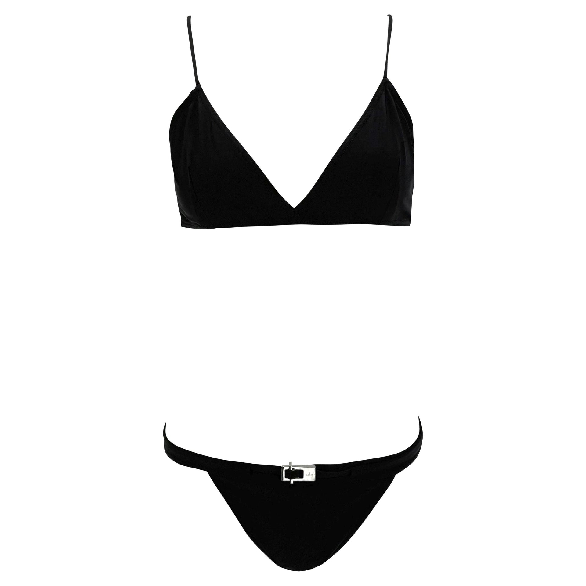 Late 1990s Gucci by Tom Ford Black Stretch Belted Logo Buckle Bikini Swim Set