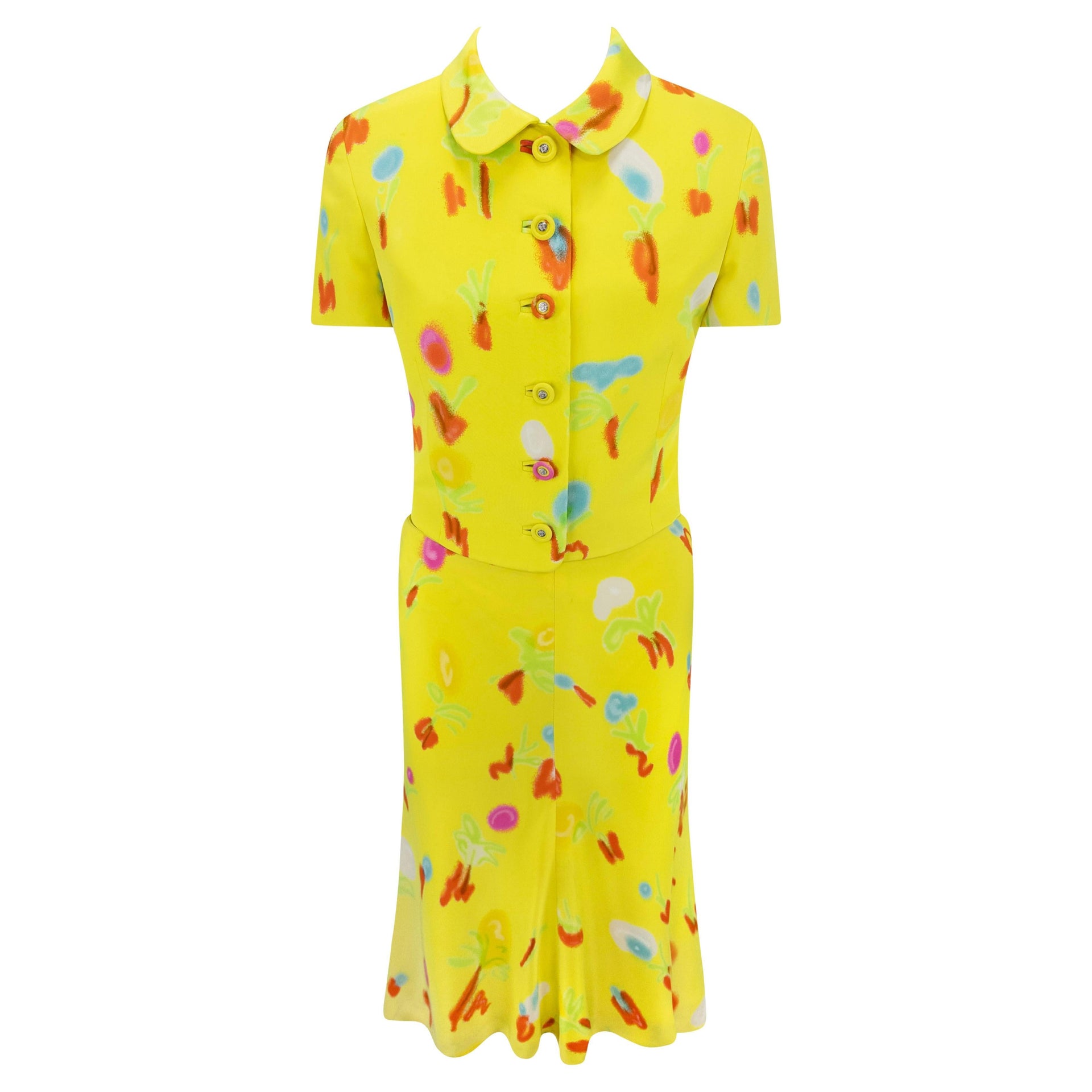 S/S 1996 Gianni Versace Neon Yellow Graffiti Floral Short Sleeve Skirt Suit