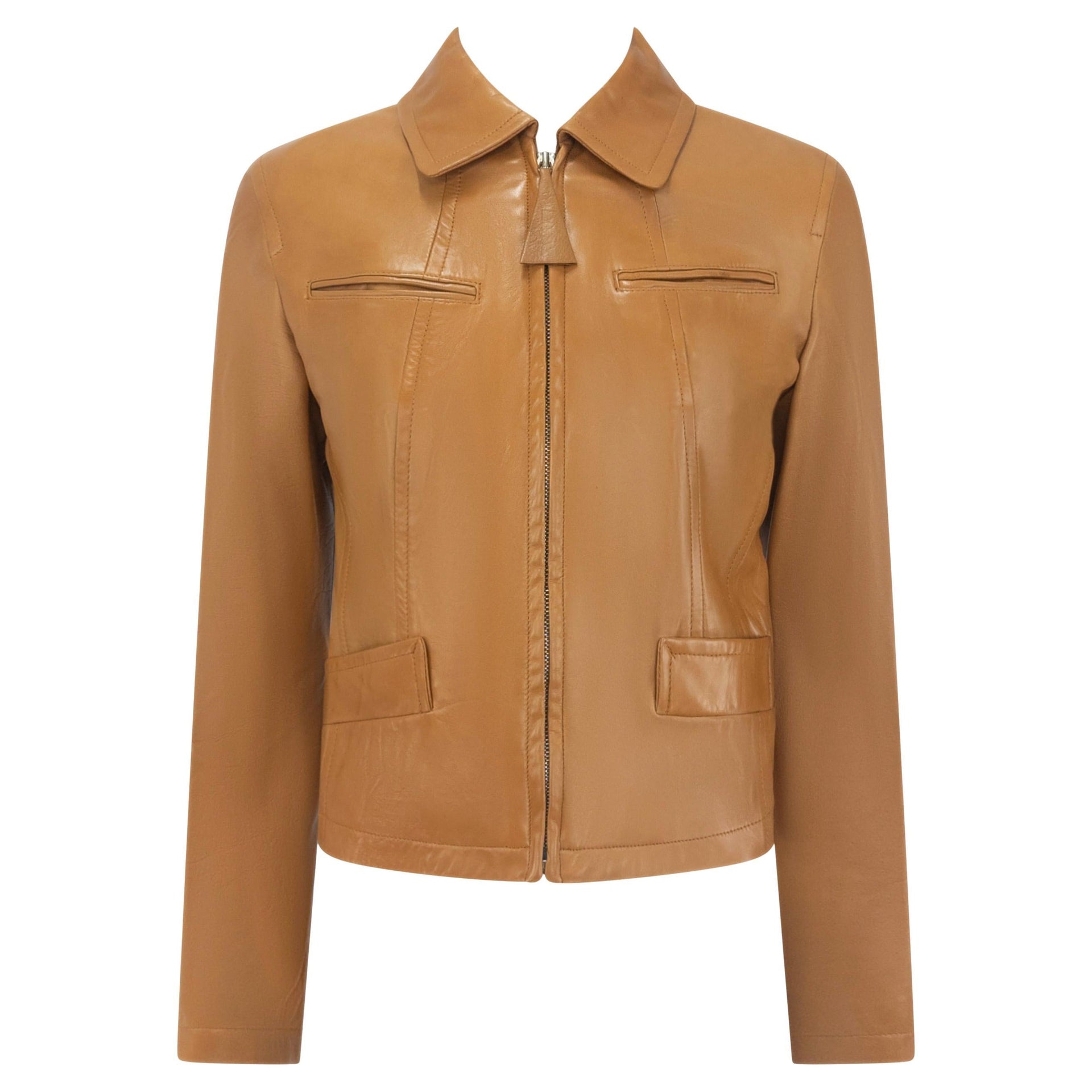 S/S 1996 Donna Karan Runway Tan Lambskin Zip Leather Jacket